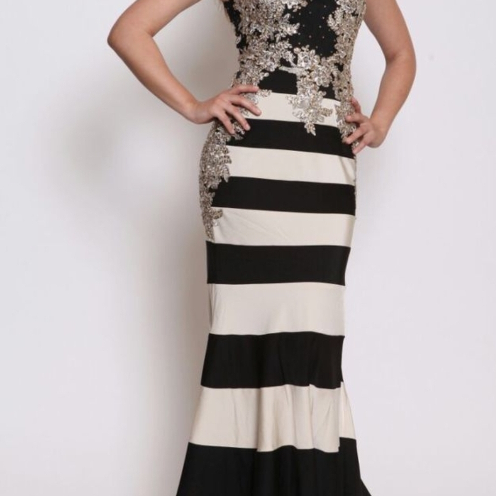 Elegant Black and White Striped Evening Gown